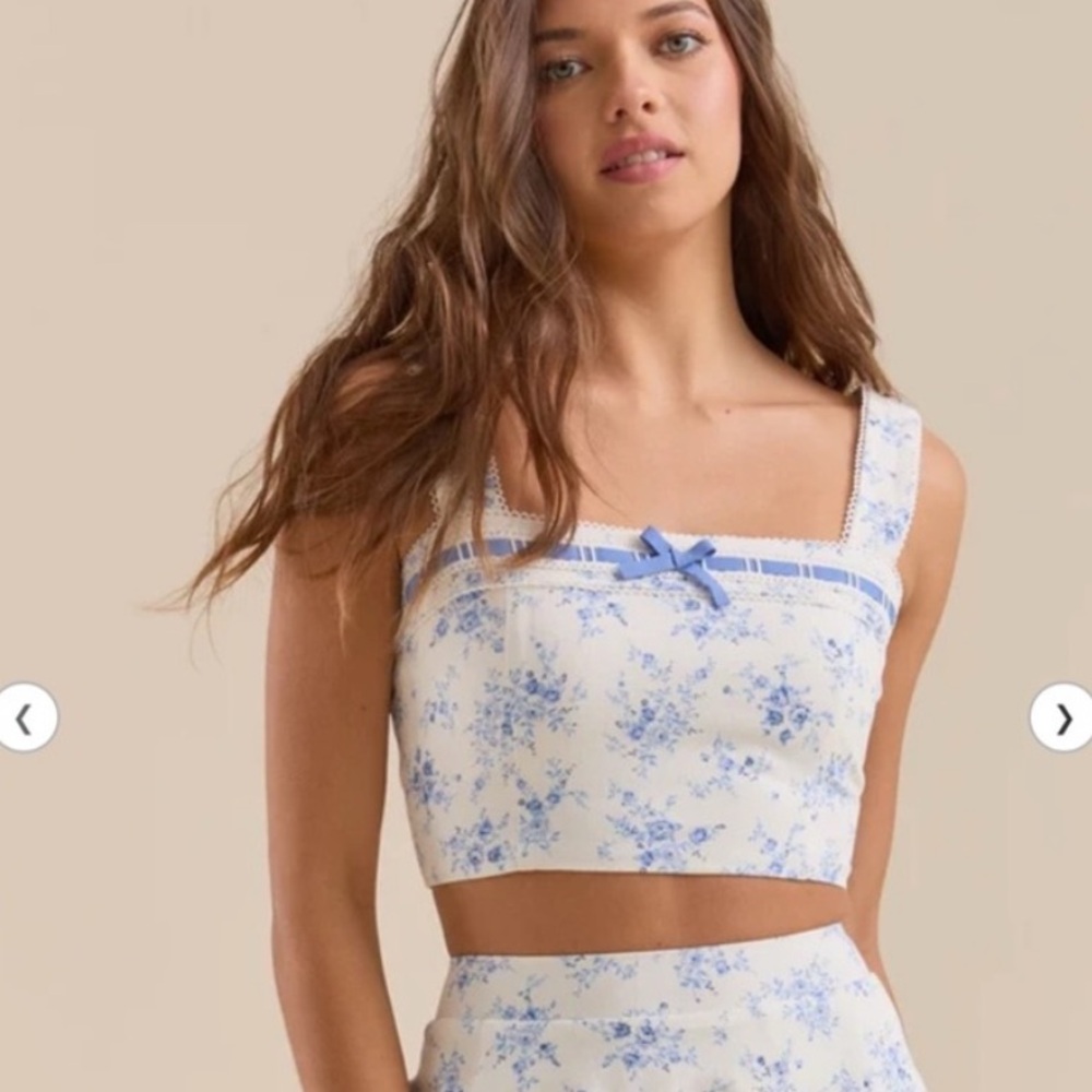 Altar’d State Birklina Blue & Ivory Cream White Floral Ribbon Bow Crop Top MED